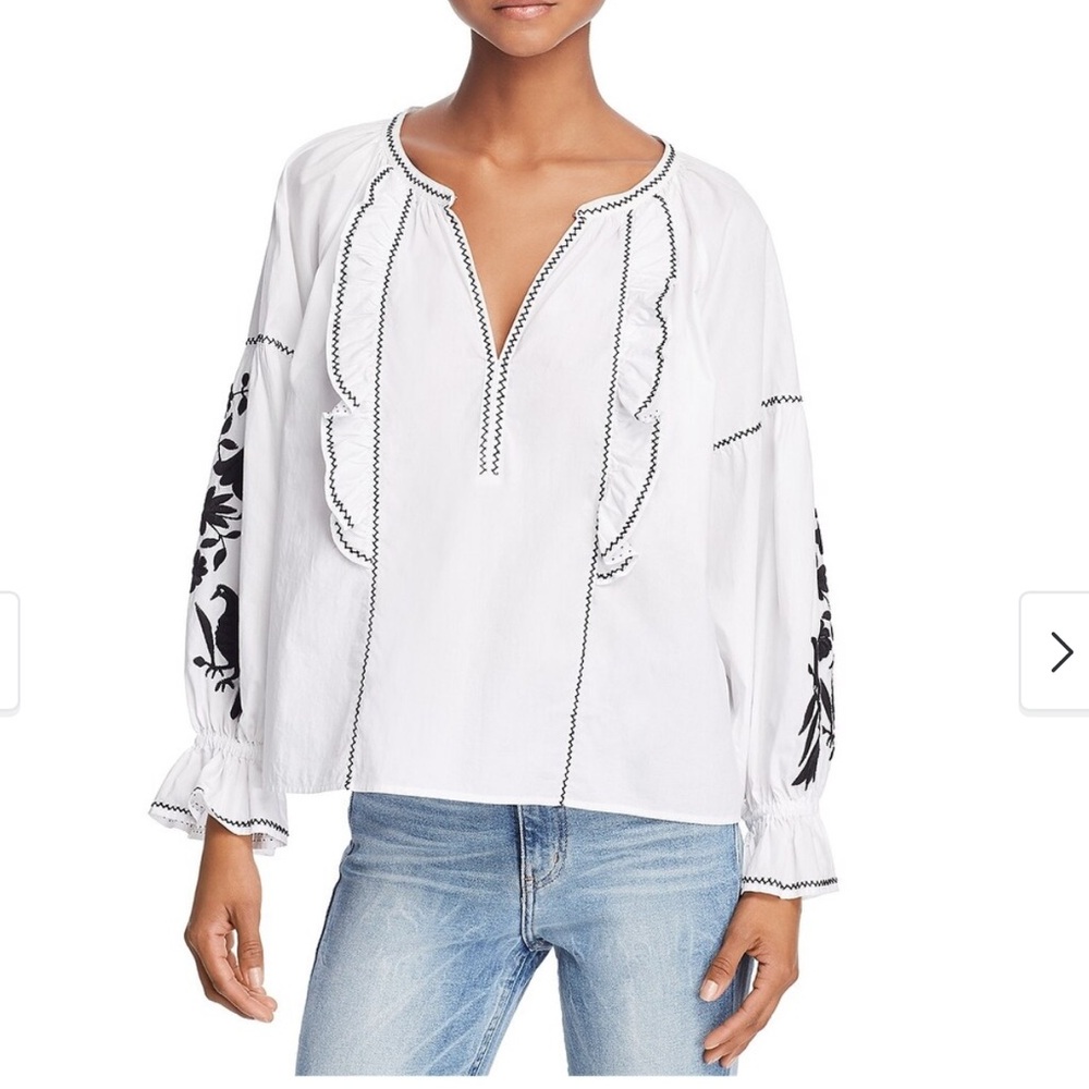 Joie Cleavanta Embroidered Peasant Blouse in Clean White Caviar, XS